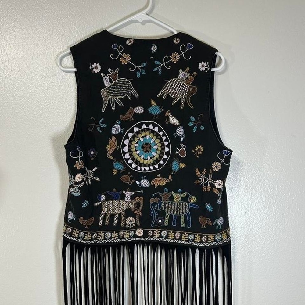Upcycled Boho Tribal Embroidered Open Vest Fringed Hem Cowgirl Western Festival - Picture 5 of 5